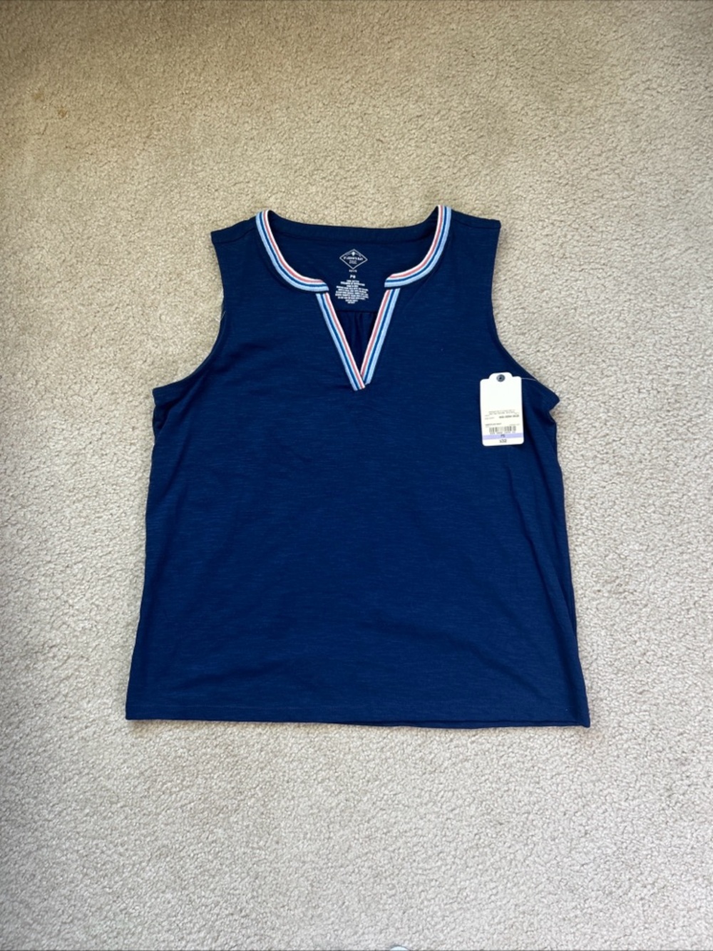 St Johns Bay Top Womens PS Blue Embroidered Collar Sleeveless V-Neck 100% Cotton